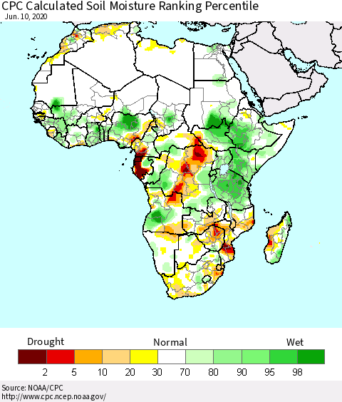 Africa CPC Calculated Soil Moisture Ranking Percentile Thematic Map For 6/6/2020 - 6/10/2020