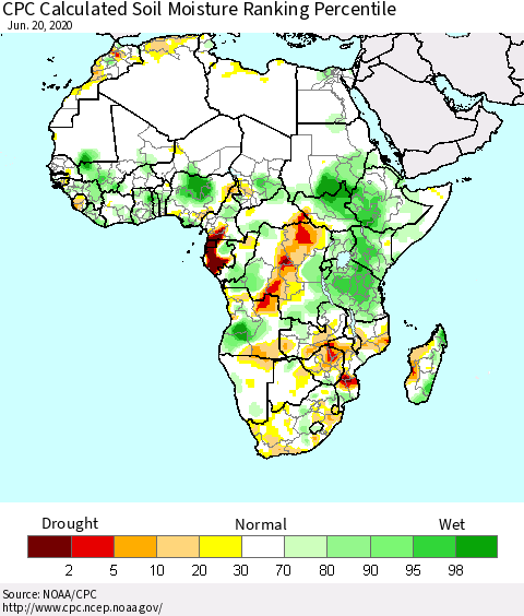Africa CPC Calculated Soil Moisture Ranking Percentile Thematic Map For 6/16/2020 - 6/20/2020