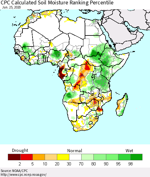 Africa CPC Calculated Soil Moisture Ranking Percentile Thematic Map For 6/21/2020 - 6/25/2020