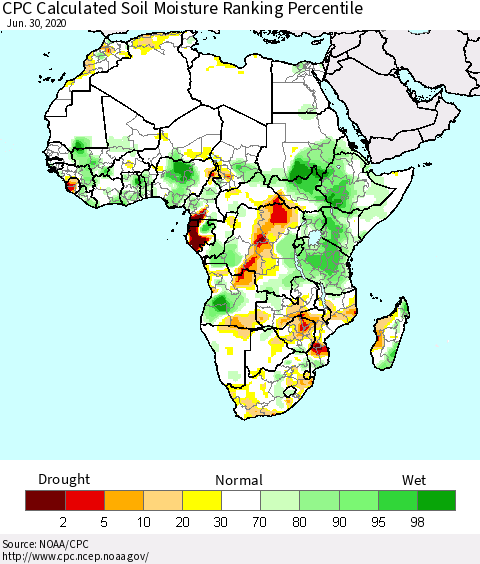 Africa CPC Calculated Soil Moisture Ranking Percentile Thematic Map For 6/26/2020 - 6/30/2020