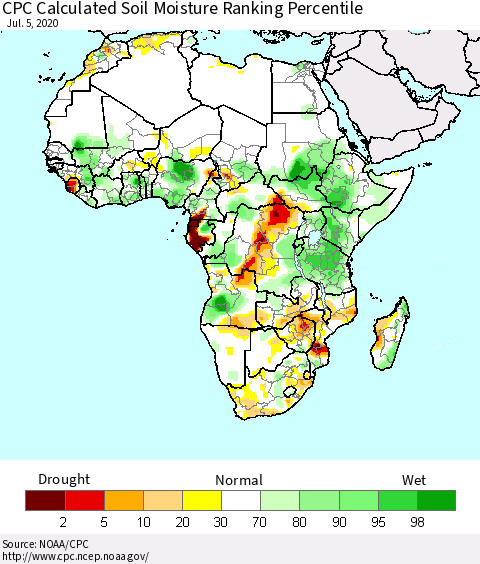 Africa CPC Soil Moisture Ranking Percentile (Leaky Bucket) Thematic Map For 7/1/2020 - 7/5/2020