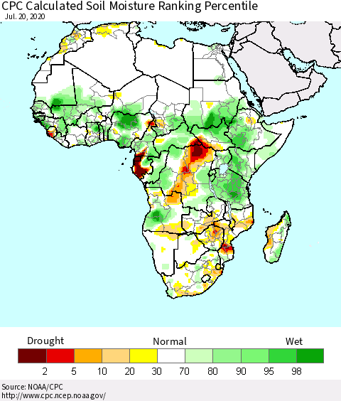 Africa CPC Calculated Soil Moisture Ranking Percentile Thematic Map For 7/16/2020 - 7/20/2020