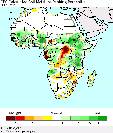 Africa CPC Calculated Soil Moisture Ranking Percentile Thematic Map For 7/21/2020 - 7/25/2020