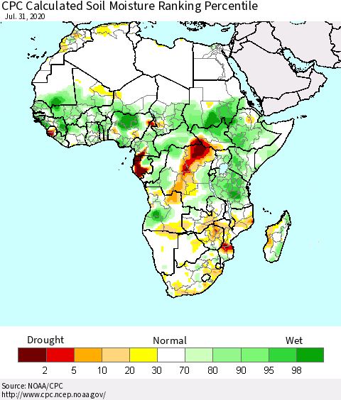 Africa CPC Calculated Soil Moisture Ranking Percentile Thematic Map For 7/26/2020 - 7/31/2020