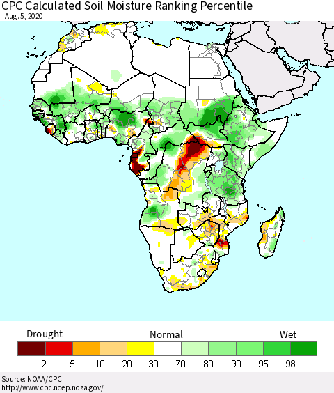 Africa CPC Soil Moisture Ranking Percentile (Leaky Bucket) Thematic Map For 8/1/2020 - 8/5/2020
