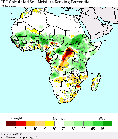 Africa CPC Soil Moisture Ranking Percentile (Leaky Bucket) Thematic Map For 8/6/2020 - 8/10/2020