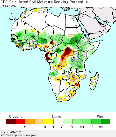 Africa CPC Calculated Soil Moisture Ranking Percentile Thematic Map For 8/11/2020 - 8/15/2020