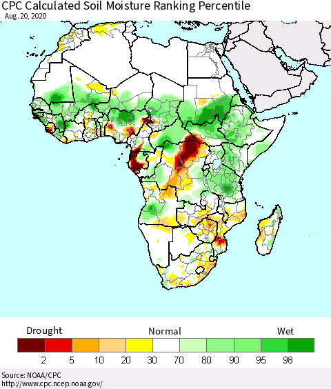 Africa CPC Calculated Soil Moisture Ranking Percentile Thematic Map For 8/16/2020 - 8/20/2020