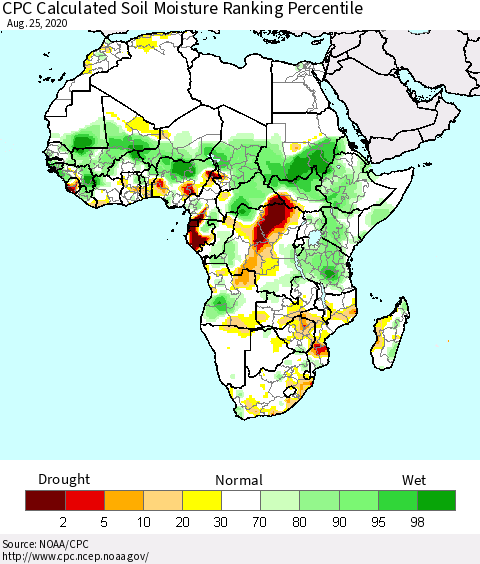 Africa CPC Calculated Soil Moisture Ranking Percentile Thematic Map For 8/21/2020 - 8/25/2020