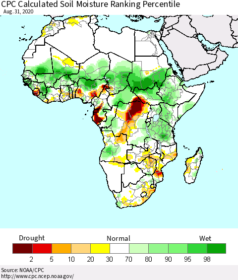 Africa CPC Calculated Soil Moisture Ranking Percentile Thematic Map For 8/26/2020 - 8/31/2020