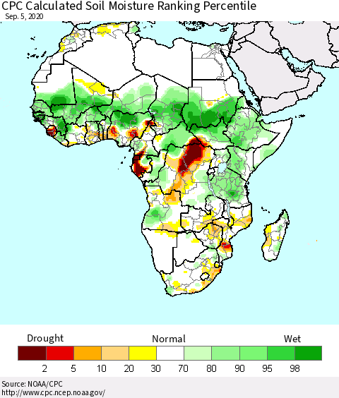 Africa CPC Calculated Soil Moisture Ranking Percentile Thematic Map For 9/1/2020 - 9/5/2020