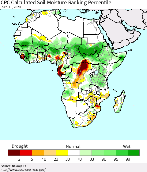 Africa CPC Calculated Soil Moisture Ranking Percentile Thematic Map For 9/11/2020 - 9/15/2020