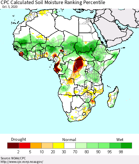 Africa CPC Calculated Soil Moisture Ranking Percentile Thematic Map For 10/1/2020 - 10/5/2020