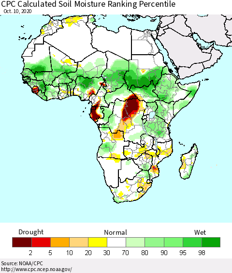Africa CPC Calculated Soil Moisture Ranking Percentile Thematic Map For 10/6/2020 - 10/10/2020