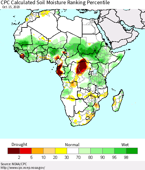 Africa CPC Soil Moisture Ranking Percentile (Leaky Bucket) Thematic Map For 10/11/2020 - 10/15/2020