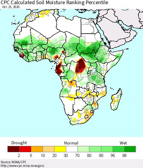 Africa CPC Calculated Soil Moisture Ranking Percentile Thematic Map For 10/21/2020 - 10/25/2020