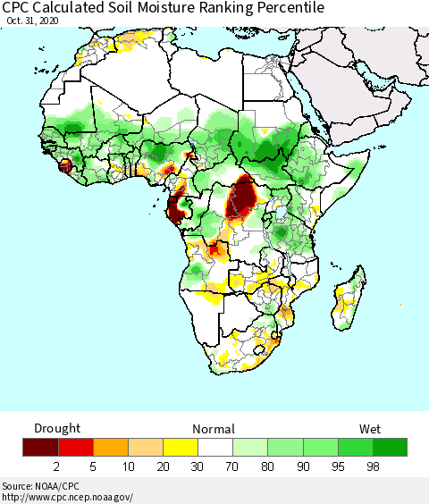 Africa CPC Calculated Soil Moisture Ranking Percentile Thematic Map For 10/26/2020 - 10/31/2020