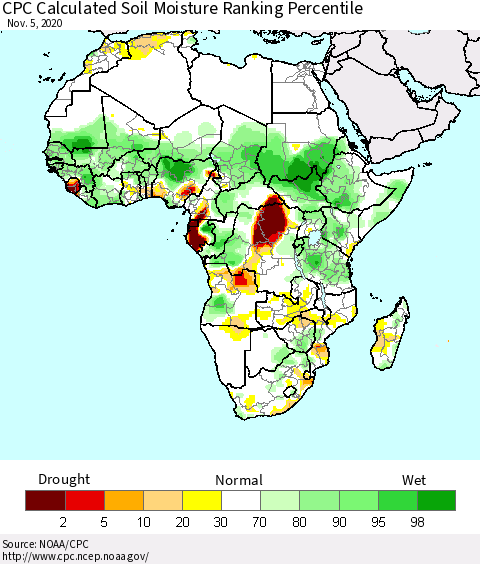 Africa CPC Soil Moisture Ranking Percentile (Leaky Bucket) Thematic Map For 11/1/2020 - 11/5/2020