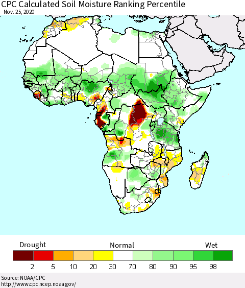 Africa CPC Calculated Soil Moisture Ranking Percentile Thematic Map For 11/21/2020 - 11/25/2020