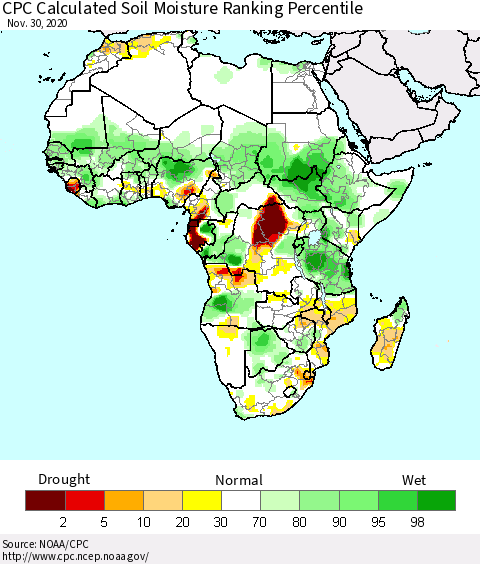 Africa CPC Calculated Soil Moisture Ranking Percentile Thematic Map For 11/26/2020 - 11/30/2020