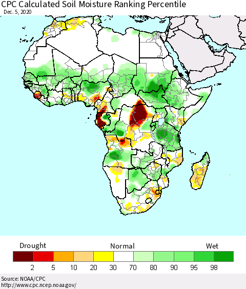 Africa CPC Calculated Soil Moisture Ranking Percentile Thematic Map For 12/1/2020 - 12/5/2020