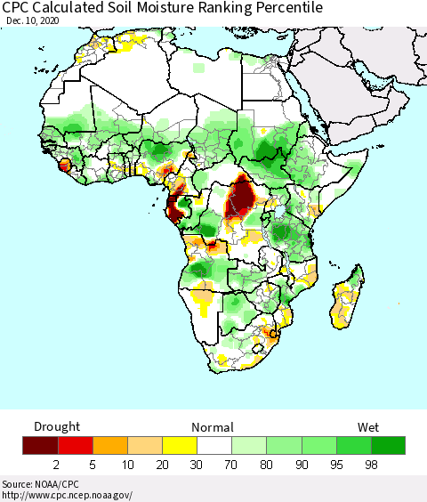Africa CPC Calculated Soil Moisture Ranking Percentile Thematic Map For 12/6/2020 - 12/10/2020