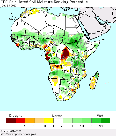 Africa CPC Soil Moisture Ranking Percentile (Leaky Bucket) Thematic Map For 12/11/2020 - 12/15/2020