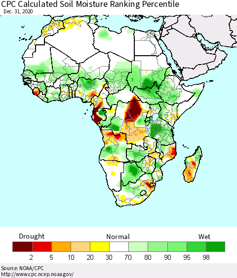Africa CPC Calculated Soil Moisture Ranking Percentile Thematic Map For 12/26/2020 - 12/31/2020