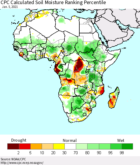 Africa CPC Calculated Soil Moisture Ranking Percentile Thematic Map For 1/1/2021 - 1/5/2021