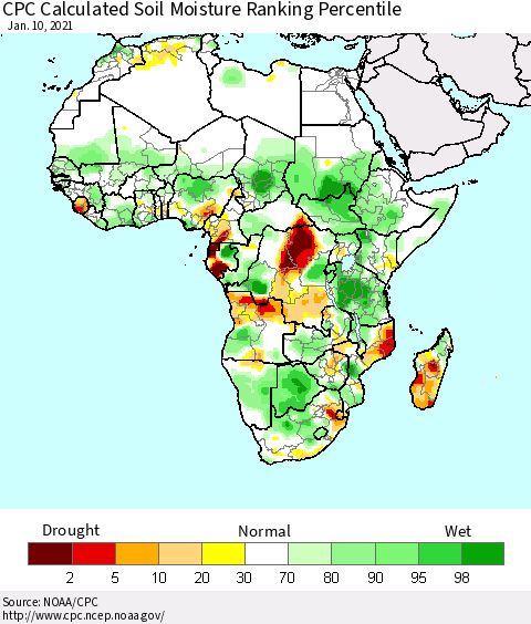 Africa CPC Calculated Soil Moisture Ranking Percentile Thematic Map For 1/6/2021 - 1/10/2021