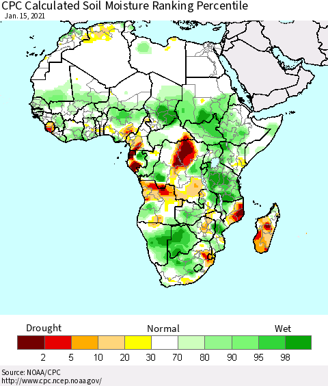 Africa CPC Calculated Soil Moisture Ranking Percentile Thematic Map For 1/11/2021 - 1/15/2021