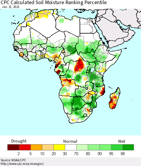 Africa CPC Calculated Soil Moisture Ranking Percentile Thematic Map For 1/26/2021 - 1/31/2021