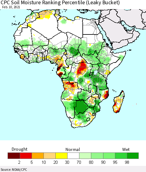 Africa CPC Calculated Soil Moisture Ranking Percentile Thematic Map For 2/6/2021 - 2/10/2021
