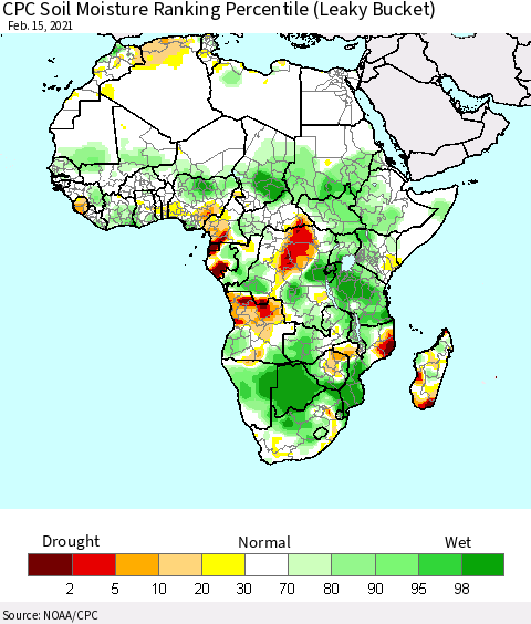 Africa CPC Calculated Soil Moisture Ranking Percentile Thematic Map For 2/11/2021 - 2/15/2021