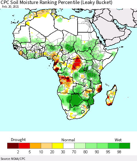 Africa CPC Soil Moisture Ranking Percentile (Leaky Bucket) Thematic Map For 2/16/2021 - 2/20/2021