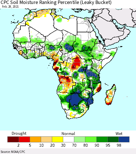 Africa CPC Soil Moisture Ranking Percentile (Leaky Bucket) Thematic Map For 2/26/2021 - 2/28/2021