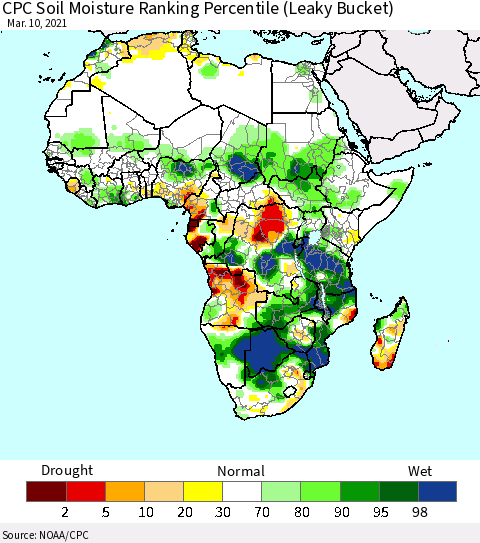 Africa CPC Calculated Soil Moisture Ranking Percentile Thematic Map For 3/6/2021 - 3/10/2021