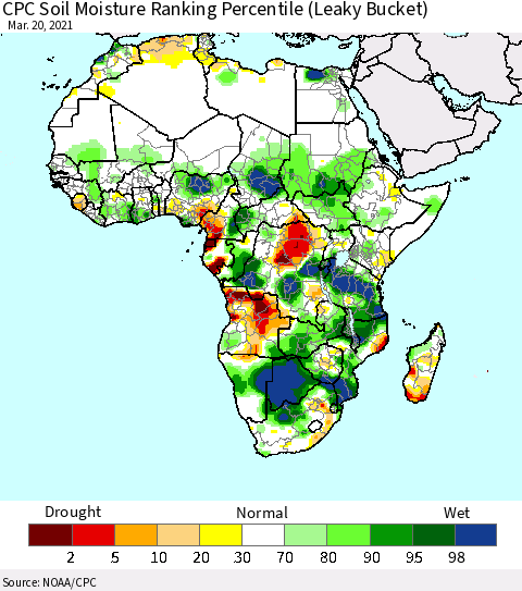 Africa CPC Calculated Soil Moisture Ranking Percentile Thematic Map For 3/16/2021 - 3/20/2021