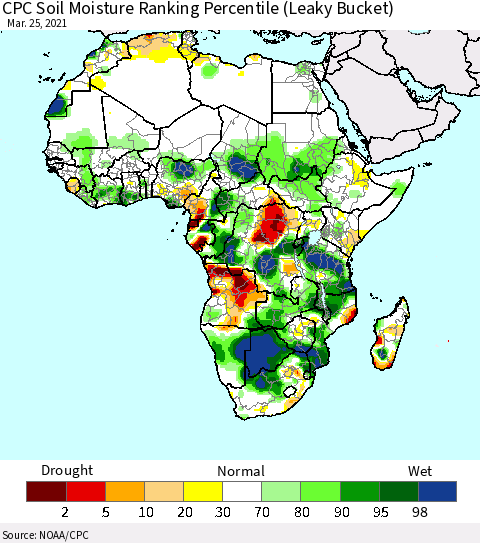 Africa CPC Calculated Soil Moisture Ranking Percentile Thematic Map For 3/21/2021 - 3/25/2021