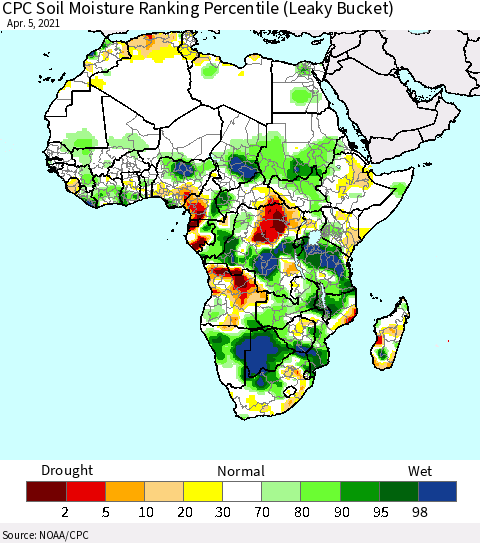 Africa CPC Soil Moisture Ranking Percentile (Leaky Bucket) Thematic Map For 4/1/2021 - 4/5/2021
