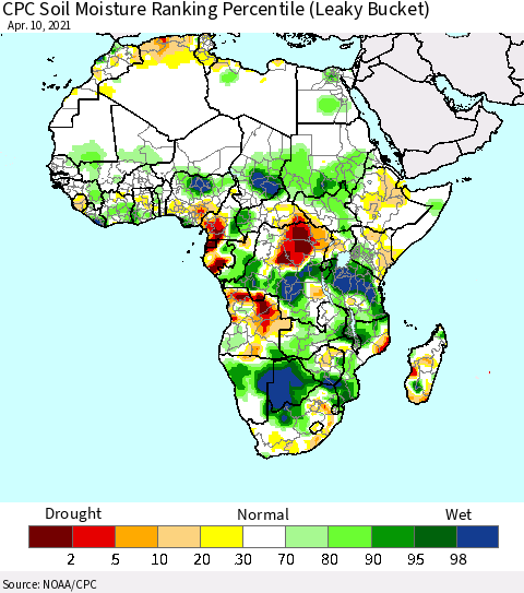 Africa CPC Calculated Soil Moisture Ranking Percentile Thematic Map For 4/6/2021 - 4/10/2021