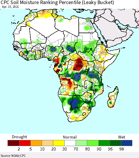 Africa CPC Soil Moisture Ranking Percentile (Leaky Bucket) Thematic Map For 4/11/2021 - 4/15/2021