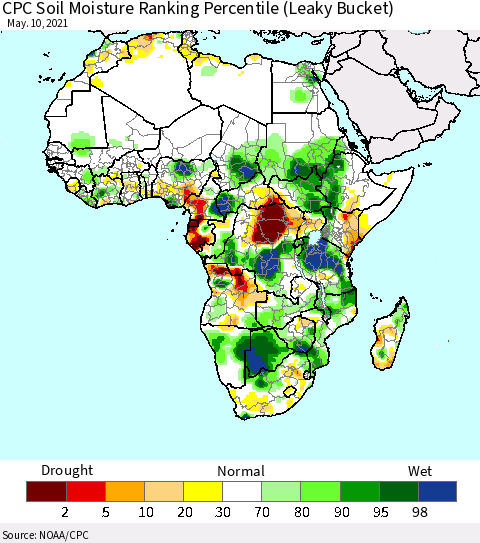 Africa CPC Calculated Soil Moisture Ranking Percentile Thematic Map For 5/6/2021 - 5/10/2021