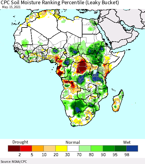 Africa CPC Calculated Soil Moisture Ranking Percentile Thematic Map For 5/11/2021 - 5/15/2021