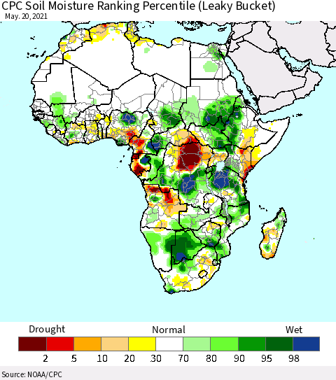 Africa CPC Calculated Soil Moisture Ranking Percentile Thematic Map For 5/16/2021 - 5/20/2021