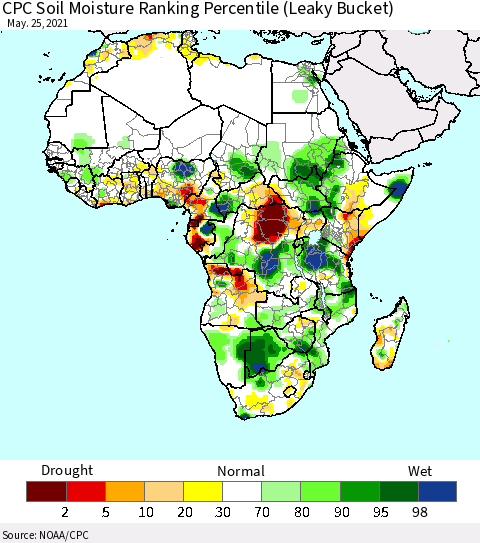 Africa CPC Calculated Soil Moisture Ranking Percentile Thematic Map For 5/21/2021 - 5/25/2021