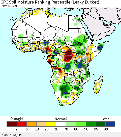 Africa CPC Calculated Soil Moisture Ranking Percentile Thematic Map For 5/26/2021 - 5/31/2021