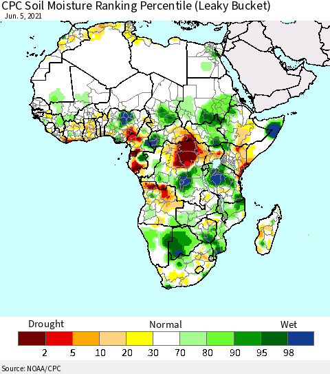 Africa CPC Calculated Soil Moisture Ranking Percentile Thematic Map For 6/1/2021 - 6/5/2021