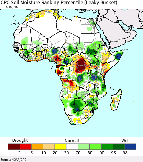 Africa CPC Calculated Soil Moisture Ranking Percentile Thematic Map For 6/6/2021 - 6/10/2021