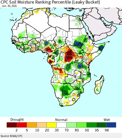 Africa CPC Calculated Soil Moisture Ranking Percentile Thematic Map For 6/26/2021 - 6/30/2021